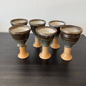 Studio Art Pottery Stoneware Wine Glasses Set of 6 Vintage 1970s